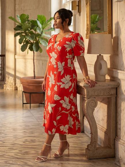 Live Unlimited V-Neck Floral Midi Dress, Red, Red