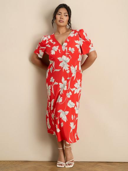 Live Unlimited V-Neck Floral Midi Dress, Red - view 2, Red