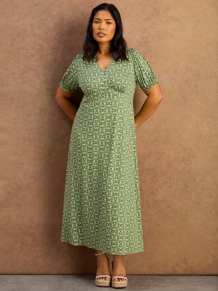 Live Unlimited Geometric Print Midi Dress, Green - view 2, Green