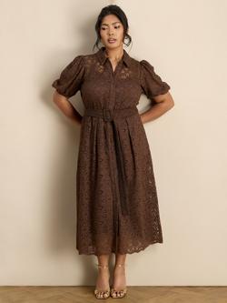 Live Unlimited Belted Lace Shirt Dress, Brown