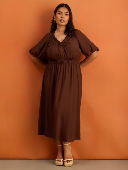 Live Unlimited Ruffle Tie Detail Midi Dress, Brown, Brown