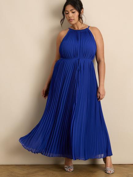 Live Unlimited Halterneck Pleated Maxi Dress, Blue, Blue
