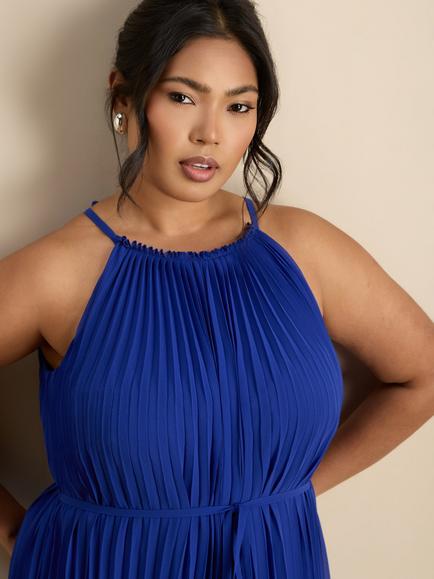 Live Unlimited Halterneck Pleated Maxi Dress, Blue - view 2, Blue