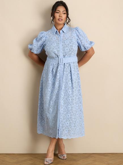 Live Unlimited Belted Lace Shirt Dress, Blue