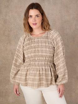 Live Unlimited Shirred Bodice Check Top, Brown, Brown