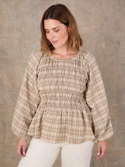 Live Unlimited Shirred Bodice Check Top, Brown - view 2, Brown