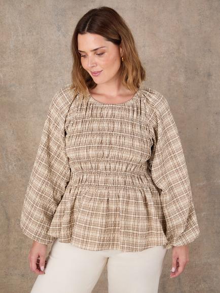 Live Unlimited Shirred Bodice Check Top, Brown - view 2, Brown