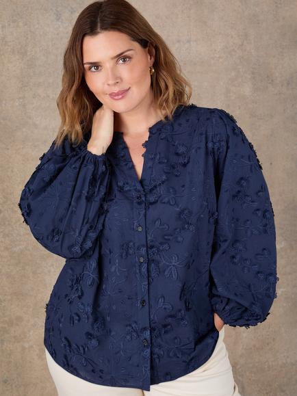 Live Unlimited Floral Appliqué Long Sleeve Blouse, Blue, Blue