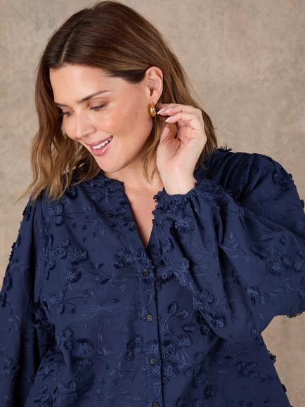 Live Unlimited Floral Appliqué Long Sleeve Blouse, Blue - view 2, Blue