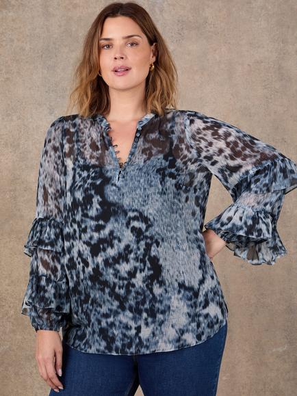 Live Unlimited Abstract Frill Detail Top, Blue, Blue