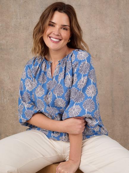 Live Unlimited Button Neck Floral Top, Blue - view 2, Blue