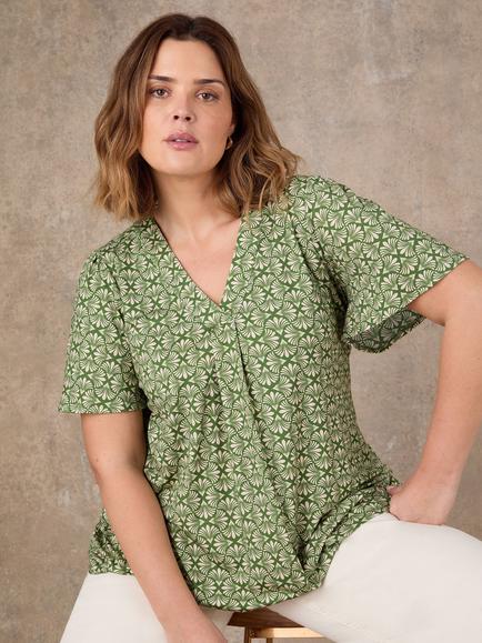 Live Unlimited V-Neck Abstract Top, Green, Green