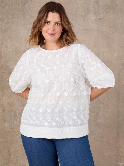 Live Unlimited Floral Embroidered Puff Sleeve Blouse, Natural, Natural