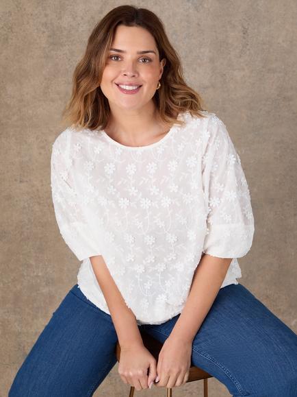 Live Unlimited Floral Embroidered Puff Sleeve Blouse, Natural - view 2, Natural