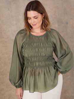 Live Unlimited Shirred Blouson Sleeve Top, Green, Green