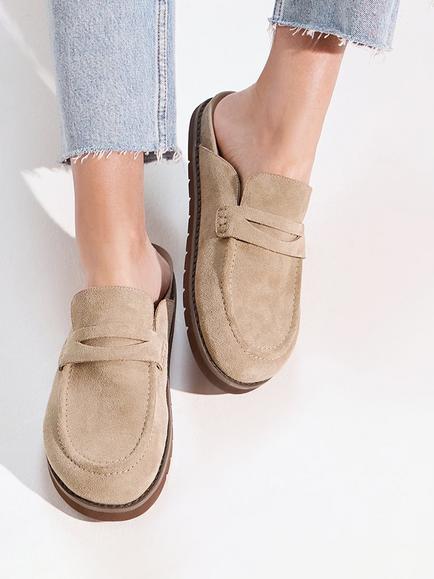 Dune London Goldens Suede Backless Loafers, Taupe
