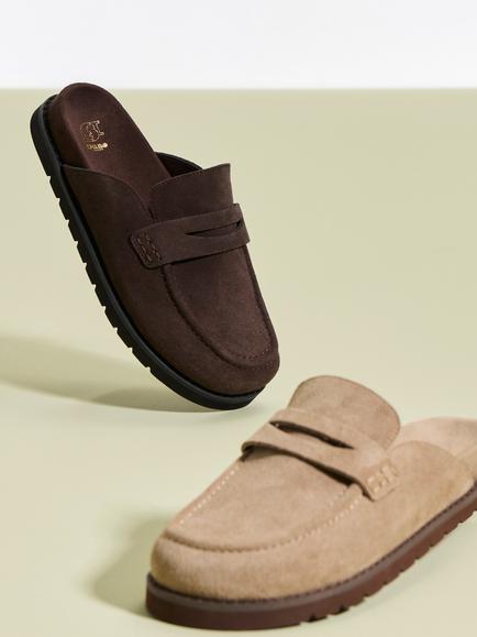 Dune London Goldens Suede Backless Loafers - view 2, Taupe