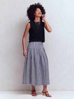 Boden Valentina Gingham Pure Linen Skirt, Navy/White, Navy/White