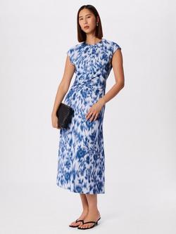 Whistles Blurred Floral Ruched Midi Dress, Blue/Multi, Blue/Multi