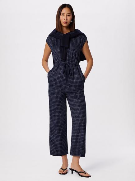 Whistles Grid Print Cropped Jumpsuit, Blue/Multi, Blue/Multi