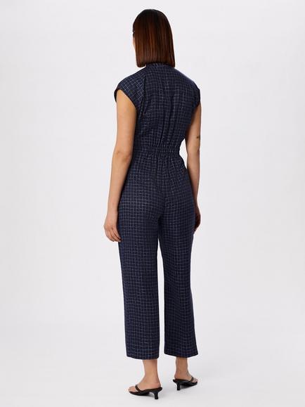 Whistles Grid Print Cropped Jumpsuit, Blue/Multi - view 2, Blue/Multi