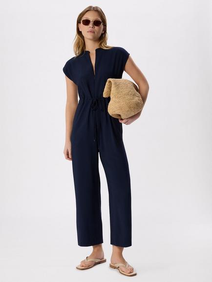 Whistles Petite Zip Front Cropped Jumpsuit, Navy, Navy
