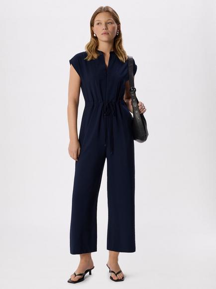 Whistles Petite Zip Front Cropped Jumpsuit, Navy - view 2, Navy