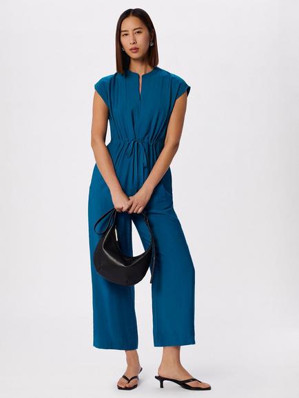 Whistles Tie Waist Cropped Jumpsuit containing LENZING™ ECOVERO™ Viscose, Teal, Teal