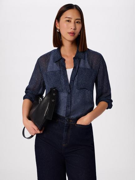 Whistles Grid Print Long Sleeve Shirt, Navy/Multi, Navy/Multi