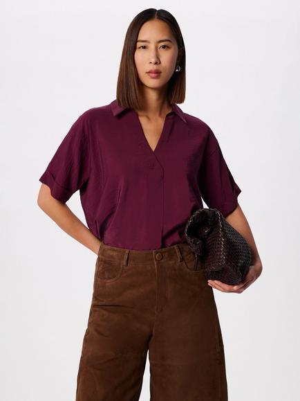 Whistles Sasha Relaxed Polo Collar Top containing LENZING™ ECOVERO™ Viscose, Fig