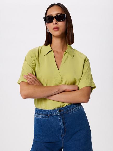 Whistles Sasha Relaxed Polo Collar Top containing LENZING™ ECOVERO™ Viscose, Pale Green
