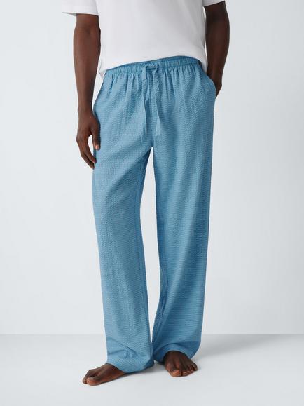 John Lewis Organic Cotton Check Seersucker Pyjama Bottoms, Blue Mid, Blue Mid