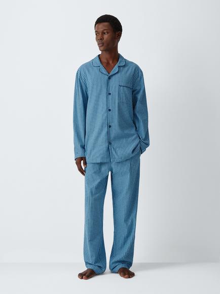 John Lewis Check Cotton Pyjama Set, Blue Mid, Blue Mid