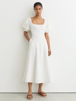 Reiss Riva Pure Linen Midi Dress, Ivory, Ivory