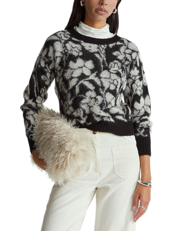 Benetton Crew Neck Jacquard Jumper, Black, Black