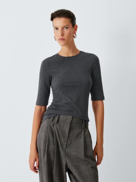 John Lewis Slim Fit Elbow Length Sleeve Cotton Blend T-Shirt, Grey Marl, Grey Marl