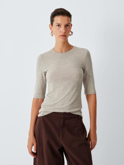 John Lewis Slim Fit Elbow Length Sleeve Crew Neck T-Shirt, Natural, Natural