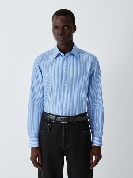 John Lewis Tailored Fit Stripe Cotton Shirt, Blue/White, Blue/White