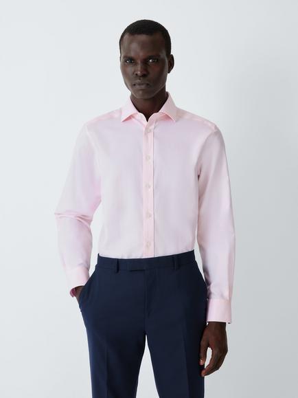 John Lewis Tailored Fit Herringbone Cotton Shirt, Pink, Pink