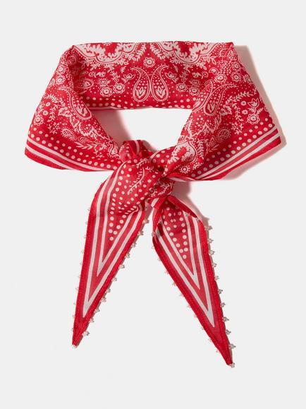 Mint Velvet Paisley Print Beaded Scarf, Red/Multi