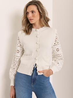 Mint Velvet Scallop Trim Crochet Sleeve Cardigan, Ivory, Ivory