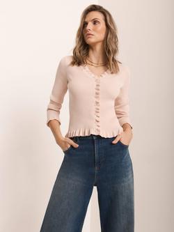 Mint Velvet Ruffle Trim Ribbed Cardigan, Light Pink, Light Pink