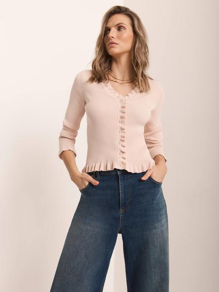 Mint Velvet Ruffle Trim Ribbed Cardigan, Light Pink, Light Pink