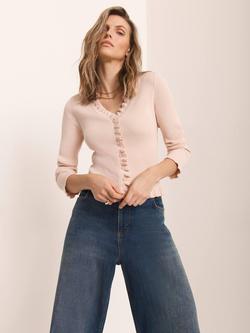 Mint Velvet Ruffle Trim Ribbed Cardigan, Light Pink - view 2, Light Pink