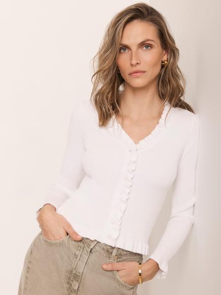 Mint Velvet V-Neck Ruffle Trim Cardigan, White Ivory, White Ivory