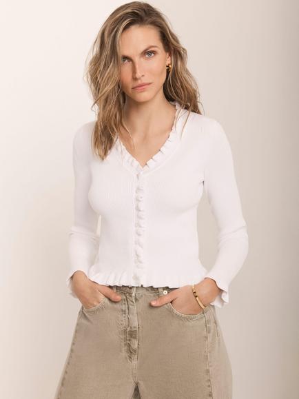 Mint Velvet V-Neck Ruffle Trim Cardigan, White Ivory - view 2, White Ivory