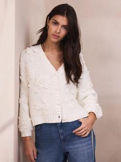 Mint Velvet V-Neck Floral Appliqué Cardigan, Ivory, Ivory