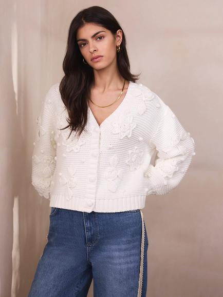 Mint Velvet V-Neck Floral Appliqué Cardigan, Ivory - view 2, Ivory