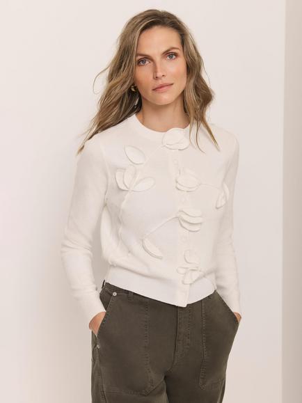 Mint Velvet Floral Applique Popper Cardigan, White Ivory
