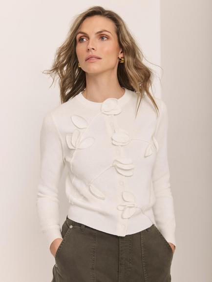 Mint Velvet Floral Applique Popper Cardigan - view 2, White Ivory